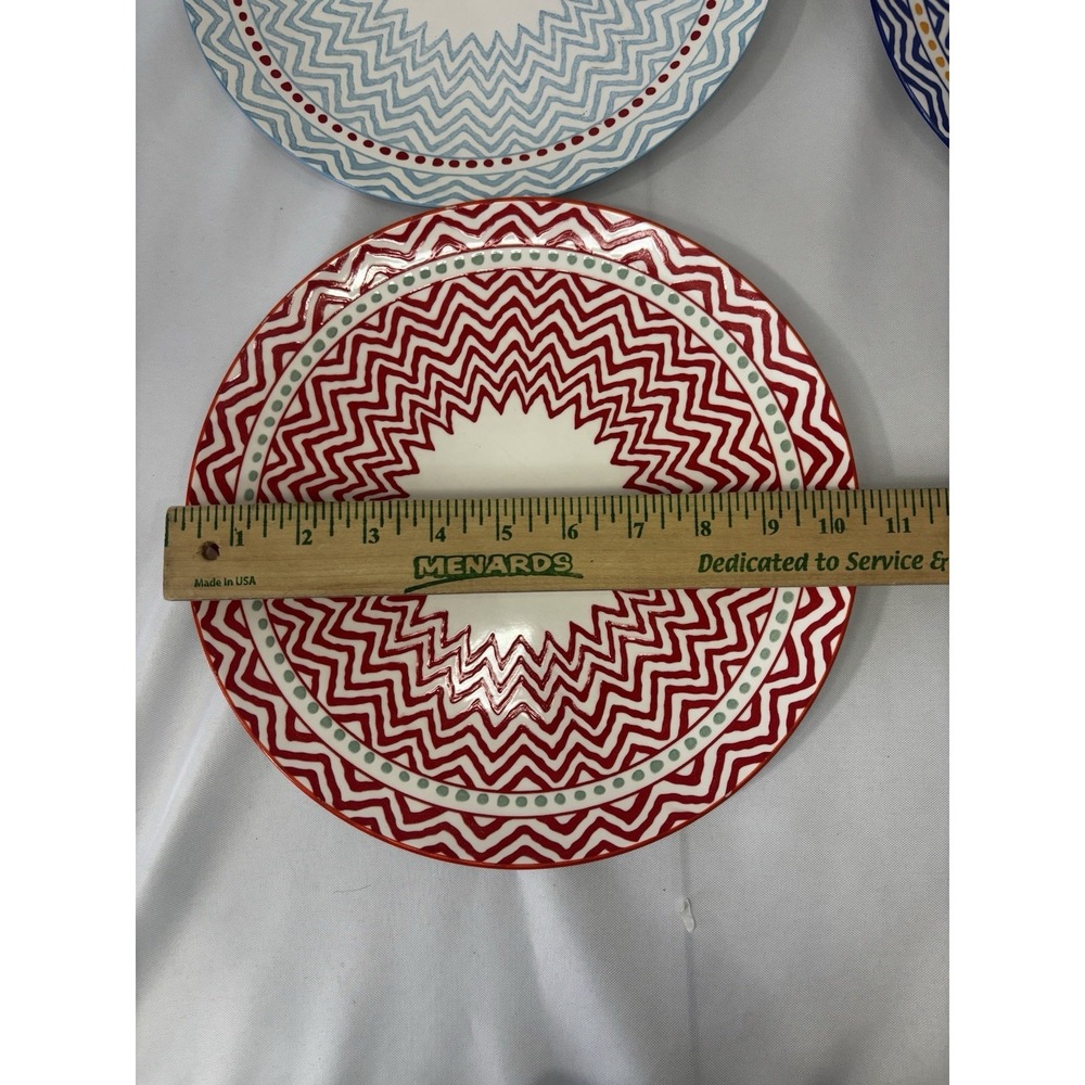 Set Of 6 Handmade Geometric Zig Zag Colorful Dinner Plates  10.25" - Picture 7 of 8